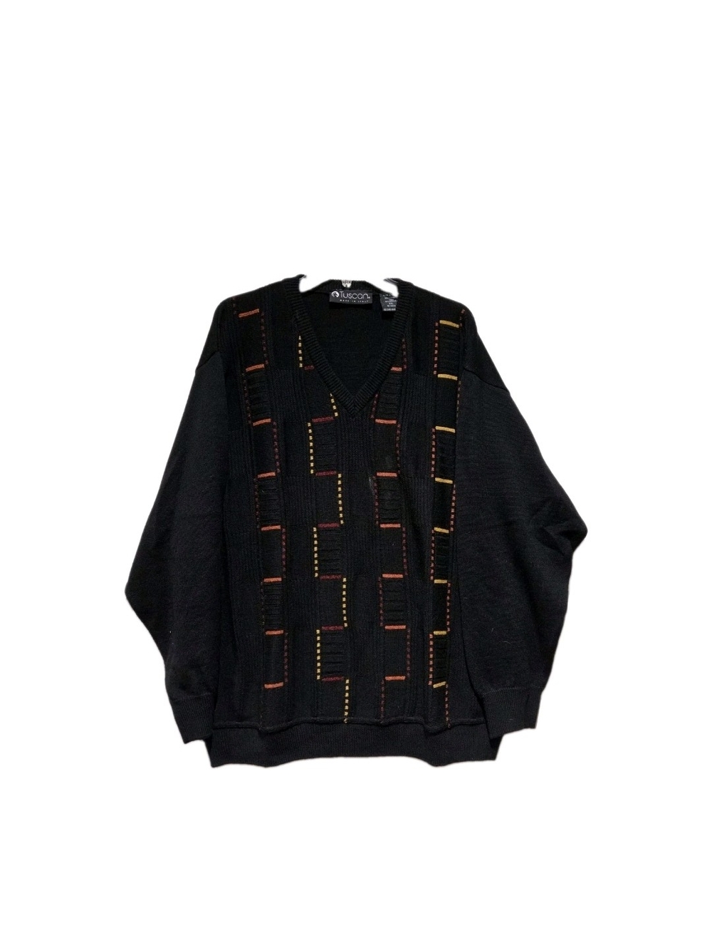 Tuscon Black V-Neck Knit Sweater Wool Blend with Subtle Multicolor Stitching